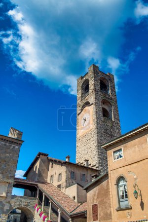 Photo for Medieval streets and buildings of Bergamo Alta on a sunny summer day, Italy. - Royalty Free Image