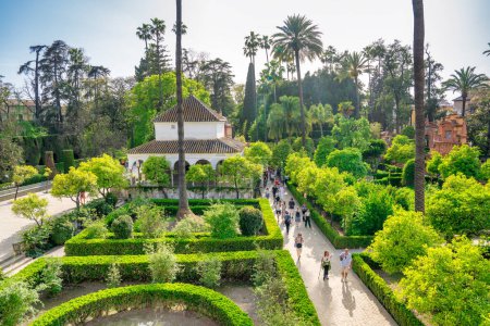 Téléchargez les photos : Séville, Espagne - 10 avril 2023 : Vue aérienne du Real Alcazar des jardins de Séville. - en image libre de droit