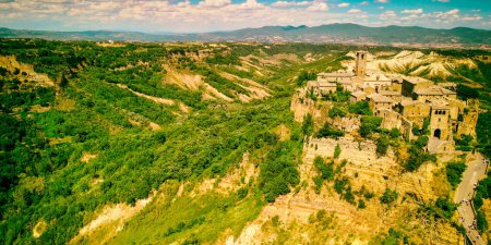 Photo for Approaching medieval town of Civita di Bagnoregio from a drone, Italy - Royalty Free Image