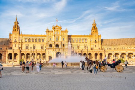 Photo for Seville, Spain - April 10, 2023: Plaza de Espana with its buildings at sunset. - Royalty Free Image