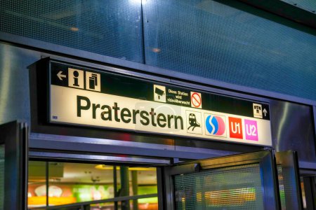 Photo for Vienna, Austria - August 20, 2022: Praterstern subway station entrance at night. - Royalty Free Image