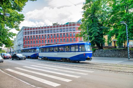 Photo for Riga, Latvia - July 7, 2017: Old blue and white city tram. - Royalty Free Image