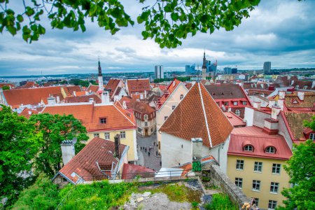 Photo for Tallinn, Estonia - July 2, 2017: Streets and buildings of Tallinn on a cloudy summer day. - Royalty Free Image