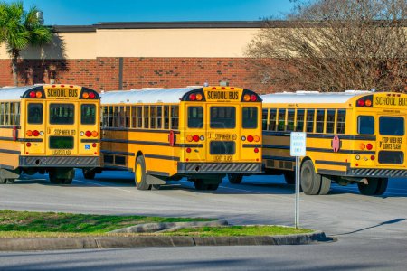 Téléchargez les photos : Rangée de bus scolaires en Floride. - en image libre de droit