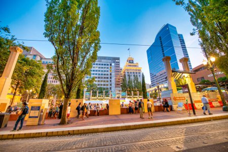 Photo for Portland, Oregon - August 19, 2017: Night view of city streets and buildings. - Royalty Free Image