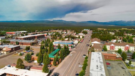 Photo for West Yellowstone, Montana - July 10, 2019: Aerial view of city buildings and streets. - Royalty Free Image