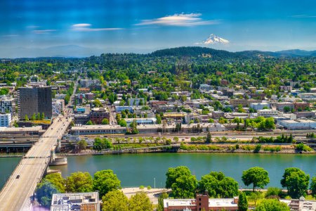 Photo for Portland, Oregon - August 18, 2017: Aerial view of city streets and buildings on a sunny summer day. - Royalty Free Image