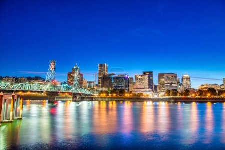 Photo for Portland, Oregon. Amazing city night skyline. Willamette River and city night lights. - Royalty Free Image