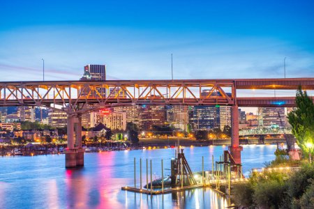 Photo for Portland, Oregon. Amazing city night skyline. Bridge over Willamette River and city night lights. - Royalty Free Image