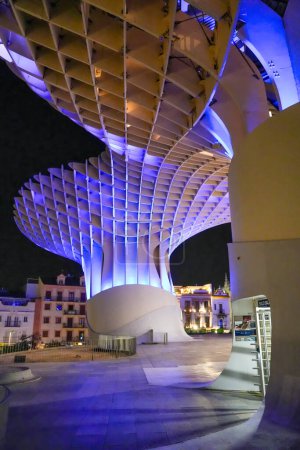 Photo for Sevilla, Spain - April 10, 2023: The Metropol Parasol in Seville at night. - Royalty Free Image