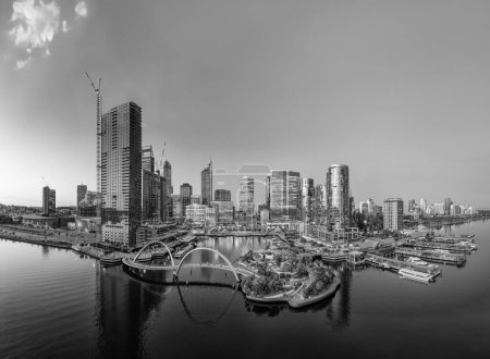 Photo for Panoramic sunset view of Elisabeth Quay in Perth from drone viewpoint. - Royalty Free Image