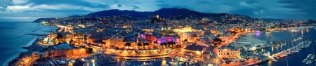 Photo for Aerial view of Sanremo at night, Italy. Port and city buildings. - Royalty Free Image