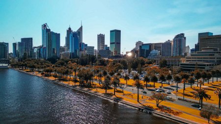 Perth skyline, Western Australia. Beautiful aerial view of city skyline along the river.