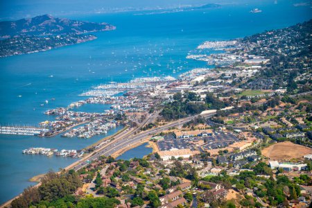Outskirts and countryside of Sausalito and San Francisco on a sunny day, aerial view.