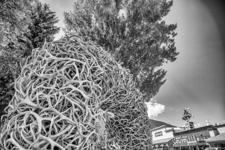 Photo for Jackson Hole, WY - July 12, 2019: Elk Antler Arches in Jackson Town Square, Wyoming. - Royalty Free Image