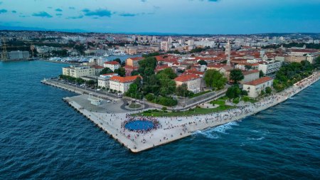 Photo for Zadar at sunset, Croatia. Aerial view of promenade with sea organ and greeting to the sun landmarks - Royalty Free Image