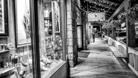 Photo for Jackson Hole, WY - July 11, 2019: City streets and buildings at night. - Royalty Free Image