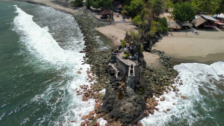 Aerial view of Batu Bolong Temple in Lombok, Indonesia.