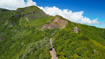 Aerial view of Encumeada Viewpoint in Madeira. You can observe the north and south coasts of Madeira.