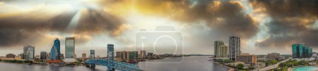 Photo for Panoramic aerial view of Jacksonville skyline from drone at sunset, Florida - USA - Royalty Free Image