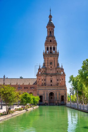 Photo for Sevilla, Spain - April 10, 2023: Lake of Plaza de Espana with buildings in the background. - Royalty Free Image