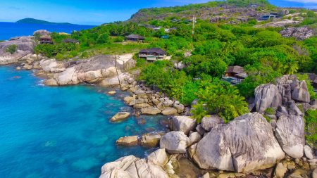 Photo for Felicite Island, close to La Digue, Seychelles. Aerial view of tropical coastline on a sunny day. - Royalty Free Image