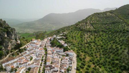 Aerial view of Zahara de la Sierra, Andalusia. Southern Spain.