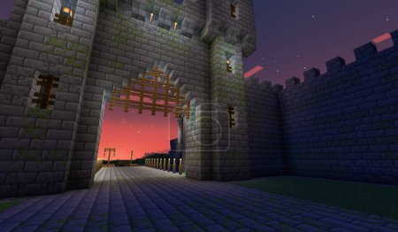 Téléchargez les photos : Jeu de Minecraft 03 novembre 2023. Exemple de Simply Medieval Castle Gates dans Minecraft Game illustration 3D. Éditorial - en image libre de droit