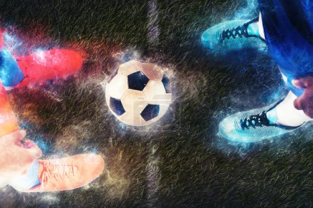Foto de Dos jugadores opuestos frente a la pelota de fútbol - Imagen libre de derechos