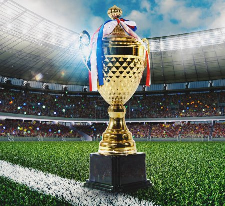 Photo for Golden soccer cup in a football stadium - Royalty Free Image