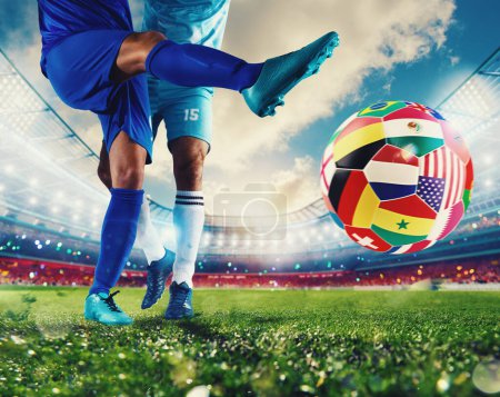 Téléchargez les photos : Scène de coupe du monde avec des joueurs de football concurrents au stade - en image libre de droit