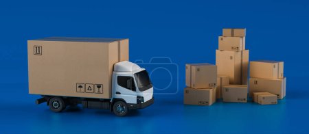 Téléchargez les photos : Livraison d'une grande boîte sur fond bleu avec un camion cabine - en image libre de droit