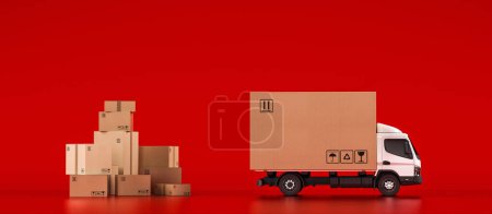 Foto de Entrega de una caja grande sobre fondo rojo con un camión de cabina - Imagen libre de derechos
