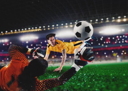 Photo for Goalkeeper parries a ball thrown by an attacker at the stadium - Royalty Free Image