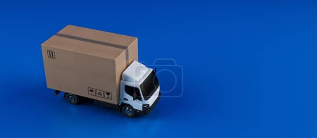 Foto de Entrega de una caja grande sobre fondo azul con un camión de cabina - Imagen libre de derechos