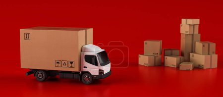 Foto de Entrega de una caja grande sobre fondo rojo con un camión de cabina - Imagen libre de derechos
