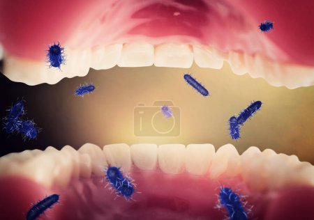 Photo for Opened mouth full of flying viruses and bacteria - Royalty Free Image
