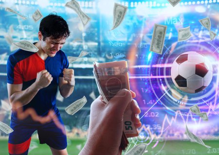 Football scene with a player who exults at the stadium. Online bet