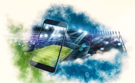 Foto de Cellphone and a soccer arena on white background. 3D Rendering - Imagen libre de derechos