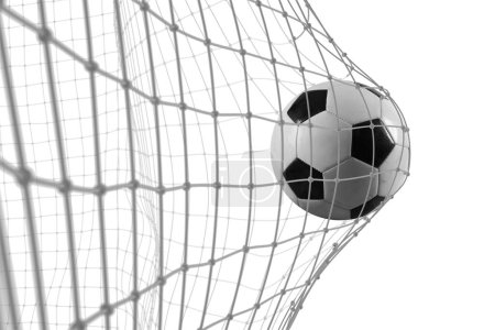 Téléchargez les photos : Le ballon de football marque un but sur le filet - en image libre de droit