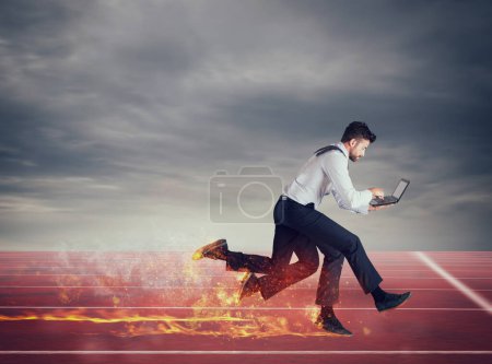 Photo for Businessman with four legs runs fast with too many tasks on laptop. Concept of competition and success - Royalty Free Image