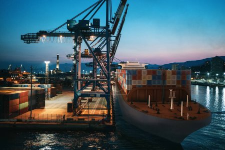 Foto de Puerto comercial con buque de carga lleno de contenedores - Imagen libre de derechos