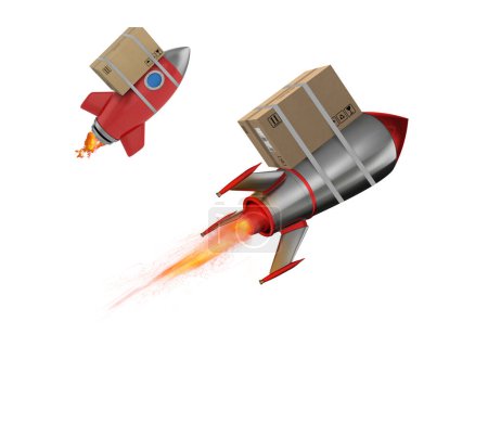 Foto de Caja de cartón vuela rápido con cohete. concepto entrega prioritaria. 3d renderizar - Imagen libre de derechos