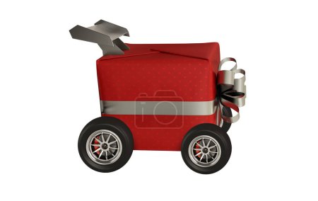 Téléchargez les photos : Cadeau emballé sur un chariot. concept de livraison rapide et express. 3d rendu - en image libre de droit