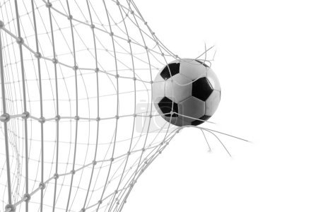 Téléchargez les photos : Le ballon de football traverse le filet pendant le match. Rendu 3d - en image libre de droit