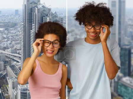 Téléchargez les photos : Couple a un problème de vision avec les lunettes - en image libre de droit