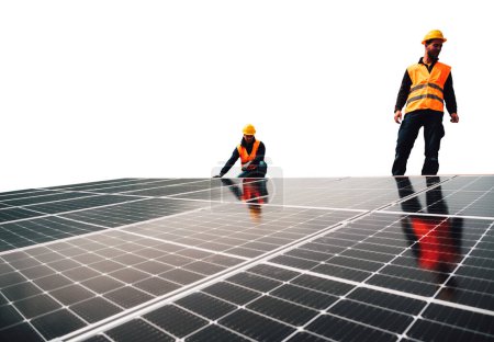 Foto de Trabajadores montan sistema con panel solar para electricidad - Imagen libre de derechos