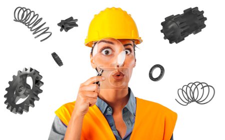 Photo for Woman worker with helmet and magnifier with amazed expression - Royalty Free Image