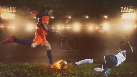 Photo for Two soccer players chase the ball at the stadium - Royalty Free Image