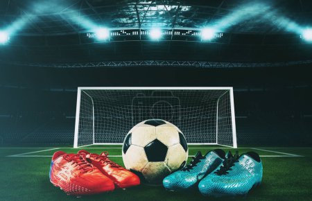 Foto de Dos equipos opuestos frente a la pelota de fútbol - Imagen libre de derechos